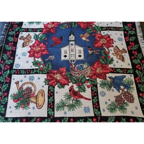Christmas Tapestry Throw Blanket 54 X 45 Poinsettias Bird Houses Brass Horns Vtg - Picture 2 of 9
